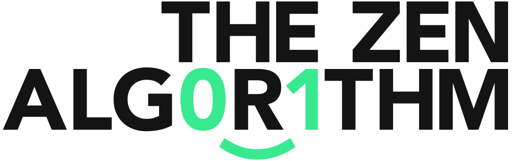 "The Zen Algorithm" logo with bold text, featuring a green "0" and "1" forming a smiling face.
