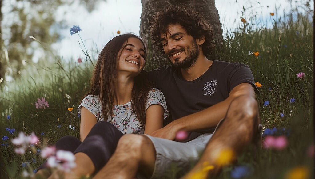 Happy couple sitting on the grass under a tree, smiling and laughing, surrounded by colorful wildflowers.