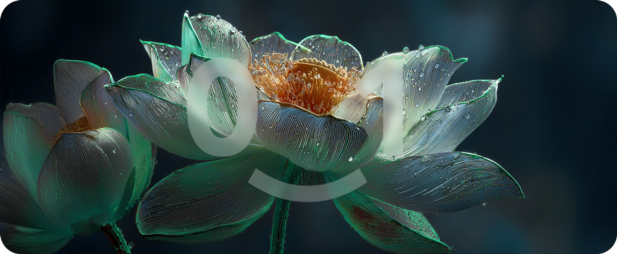 Lotus flower in close-up, with translucent petals covered in water droplets and an illuminated orange center. Over the flower, the number “01” appears in transparency, accompanied by a curved line forming a stylized smile.