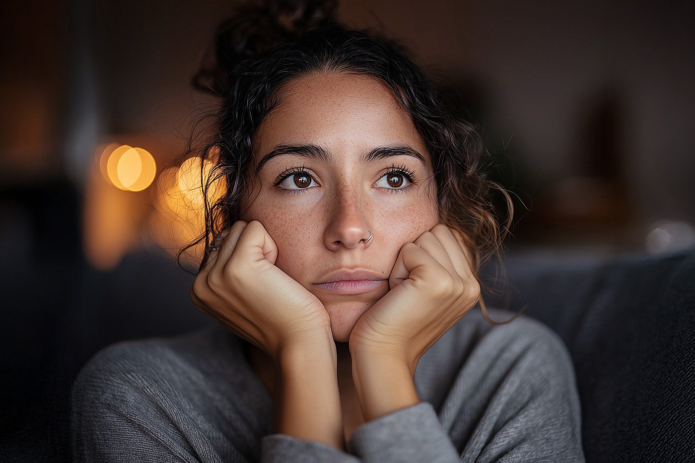 Woman lost in thought, looking reflective and pensive at home, illustrating how to break the cycle of rumination and regain mental clarity.