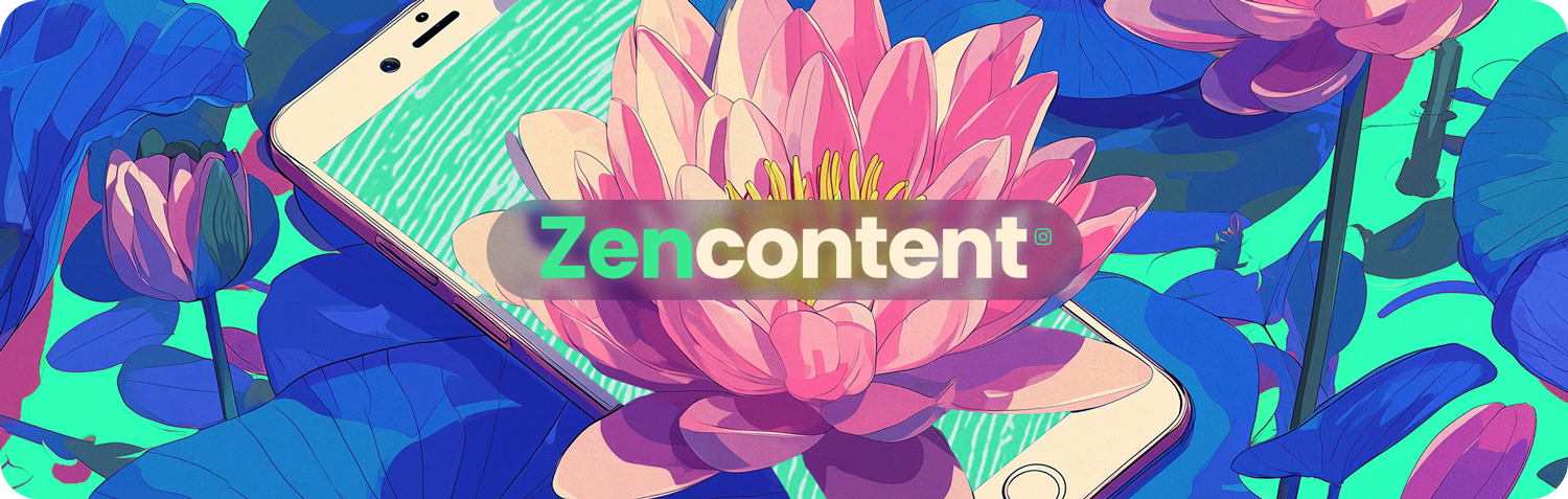 Colorful illustration of pink and blue lotus flowers surrounding a smartphone. In the center, over the main flower, the 'Zencontent' logo is highlighted